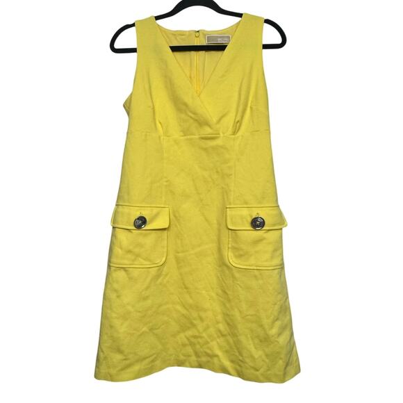 Michael Kors Yellow Sleeveless Sheath Dress Size 4 V-Neck Pockets Mod Retro - Picture 1 of 6